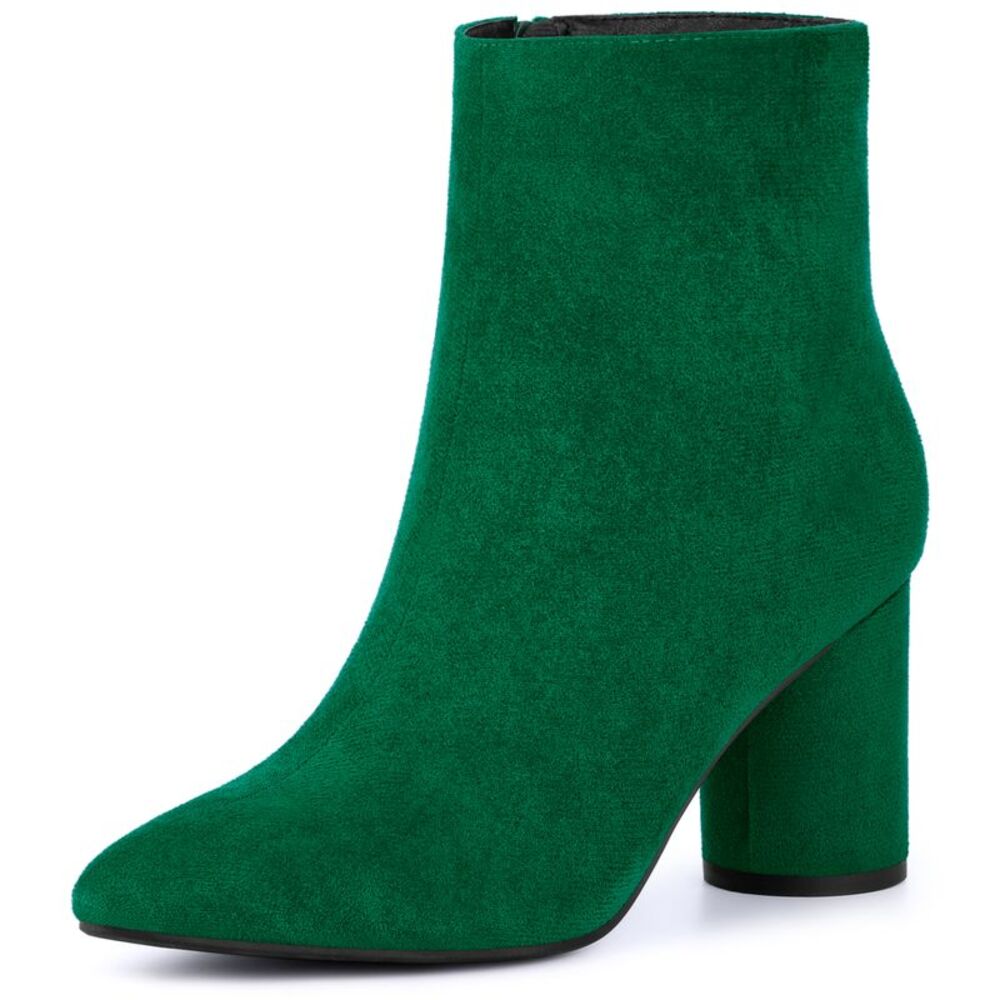 Pointy Toe Side Zip Block Heel Ankle Boots Emerald Green